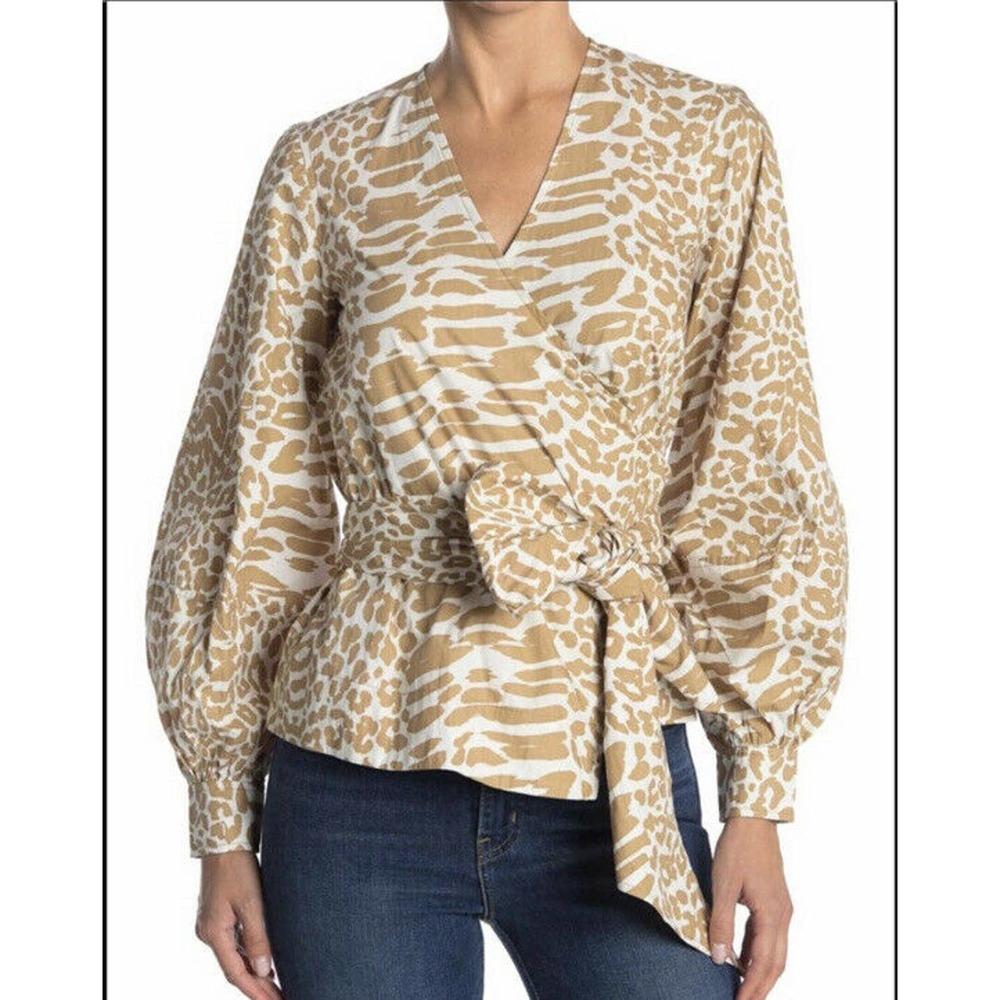 GANNI Wrap Blouse Animal Print Long Sleeve Blouse